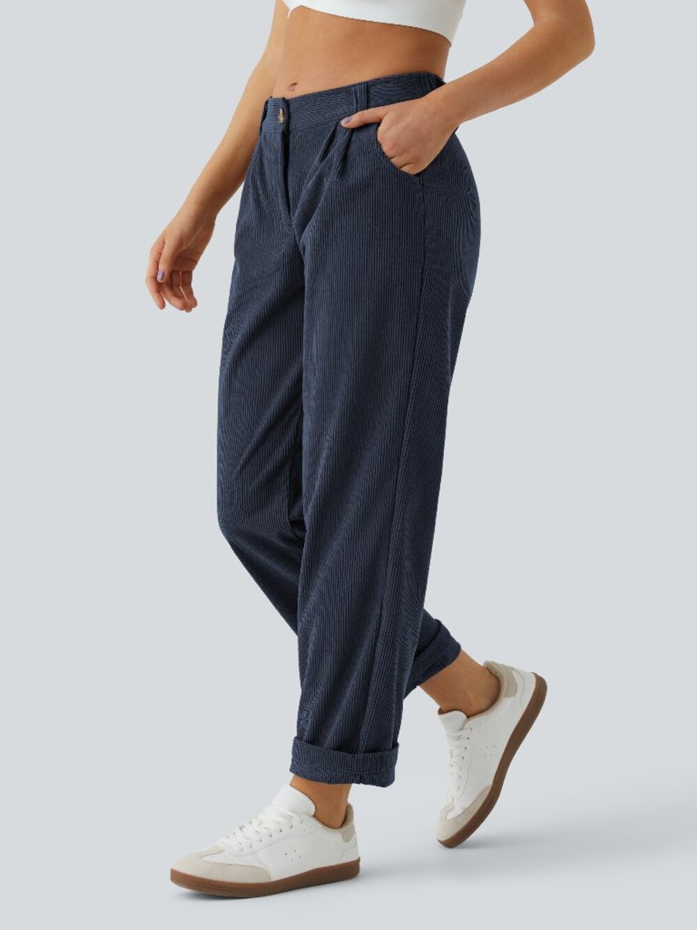 Large Foggy Blue Halara Mid Rise Zipper Pocket Corduroy Casual Pants 50% off